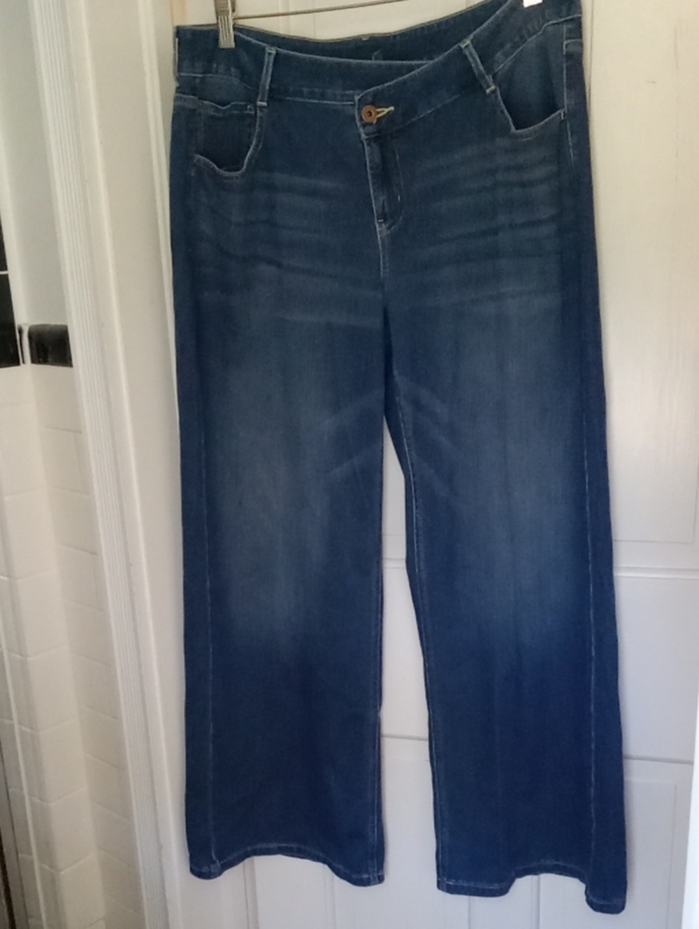 HALARA Flex Asymmetric Low Rise Crossover Wide Leg Baggy Blue Denim Jeans L Reg